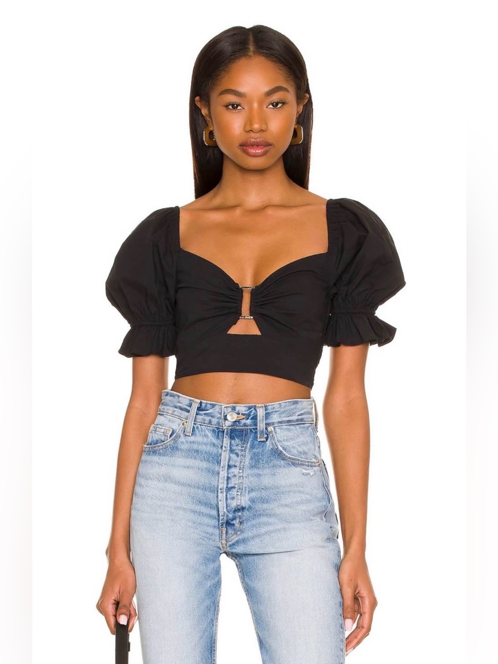 MORE TO COME “Elizabeth” Black Puff Sleeve Crop Top Medium NWT